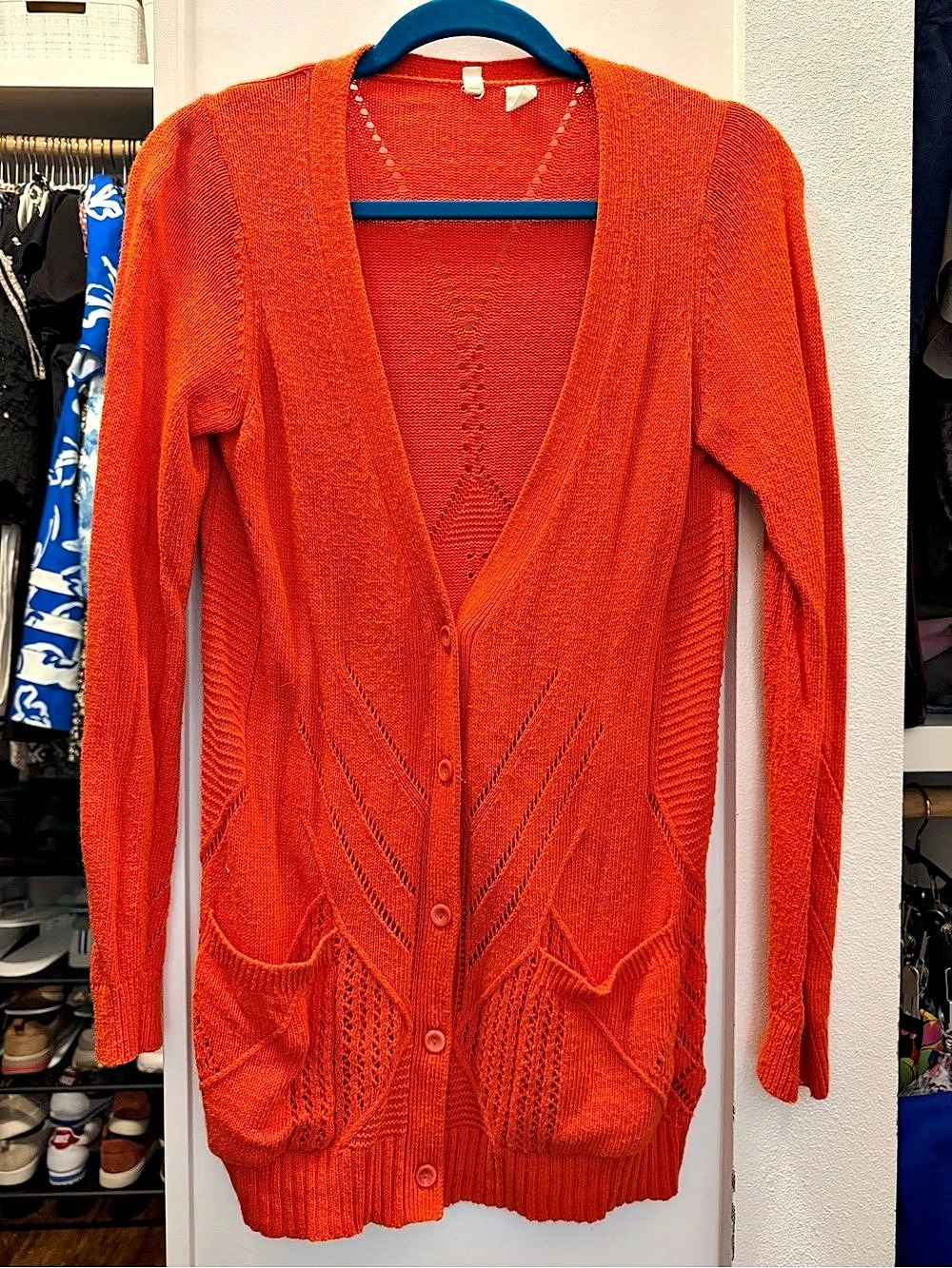 Anthropologie Moth Elin Pointelle Cardigan Orange Cashmere Blend M